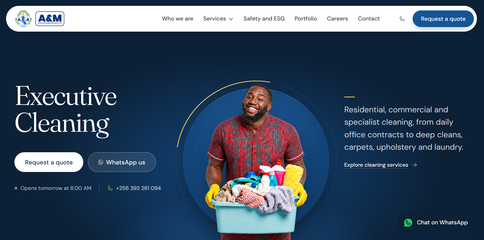 Home page of the A&M Executive Cleaning Services website: executive cleaning, with request a quote and WhatsApp buttons