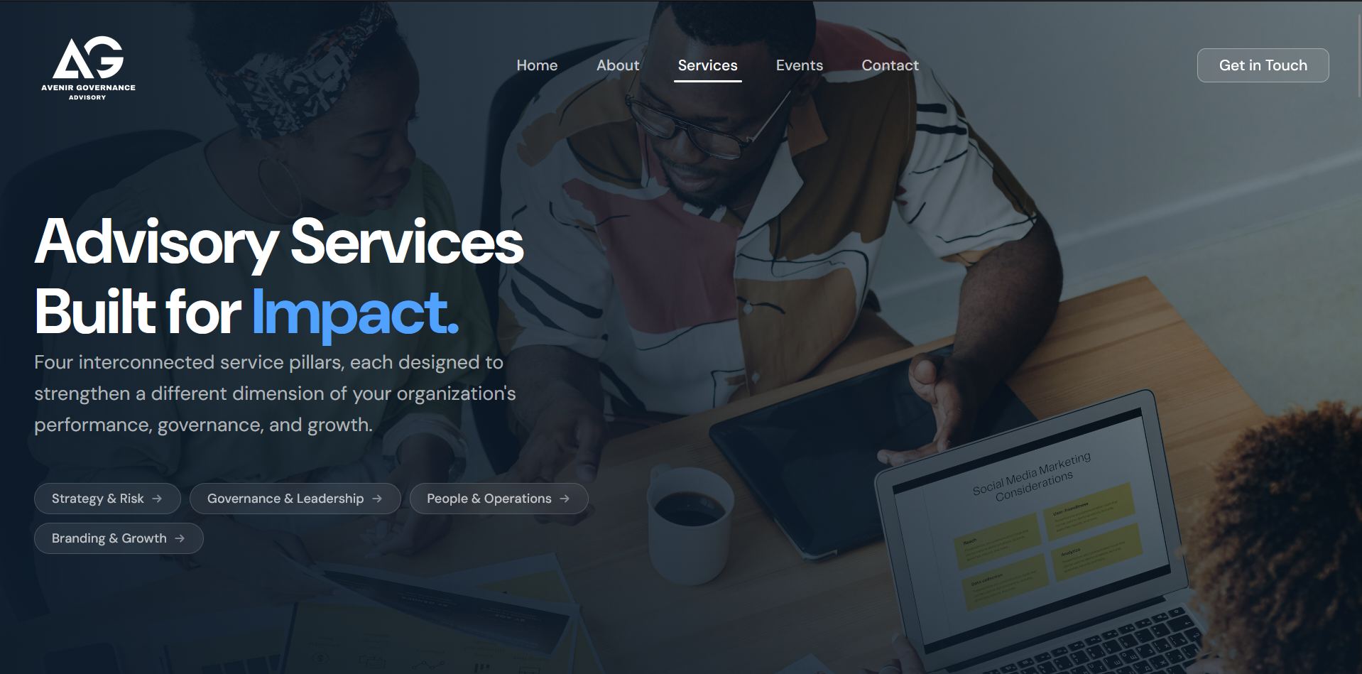Home page of the Avenir Governance Advisory website: advisory services built for impact
