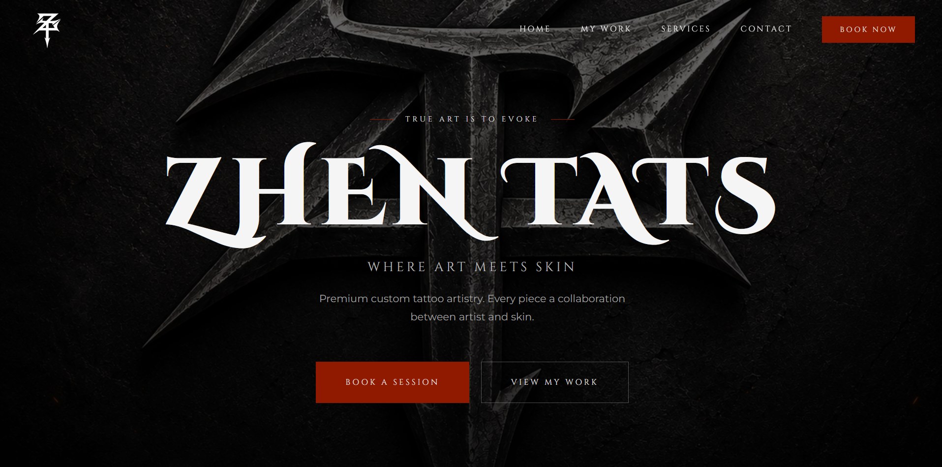 Home page of the Zhen Tats tattoo studio website: where art meets skin, with booking and portfolio buttons